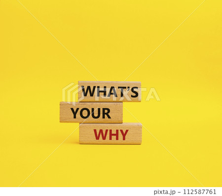 What is Your Why symbol. Concept words What is Your Why on wooden blocks. Beautiful yellow background. Business and What is Your Why concept. Copy space. 112587761
