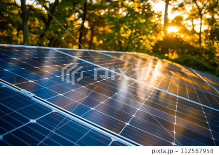 AI-generated content. Solar panel receiving sunlight filtered through thick green foliage. 112587958