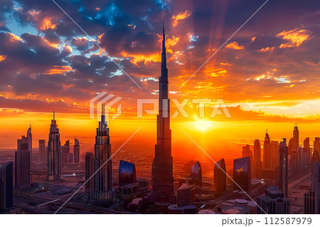 AI-generated content. The sun sets over a cityscape with tall buildings in an aerial view. 112587979