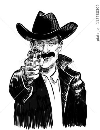 Cowboy pointing gun at you. Hand drawn retro styled illustration 112588309