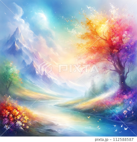 a beautiful colorful spring landscape with a tree, flowers and mountains 112588587