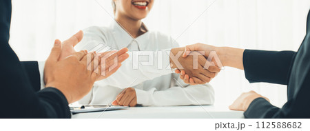 Two business executive shake hand in boardroom for merger and acquisition. Shrewd 112588682