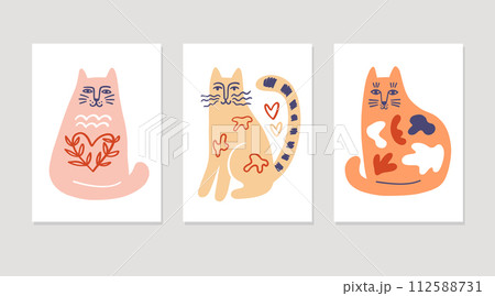 Artistic Hand drawn Cute Cat Set Retro Style  112588731