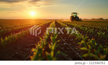 AI-generated content. An early morning farmer's field, dew on crops, sunrise. Resplendent. 112588761