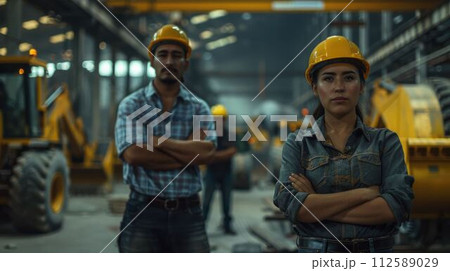 AI-generated content. group of construction workers with background of excavation machinery aigx04 112589029