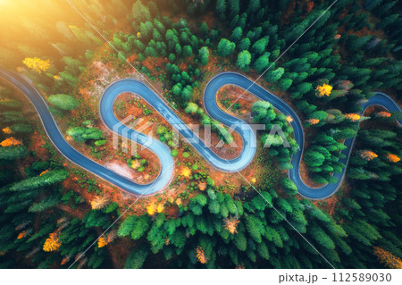 Aerial view of winding road in colorful forest at sunrise Aerial view of winding road in colorful forest at sunrise 112589030