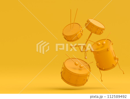 Set of electric acoustic guitars and drums with cymbals on monochrome background Set of electric acoustic guitars and drums with cymbals on monochrome background 112589492