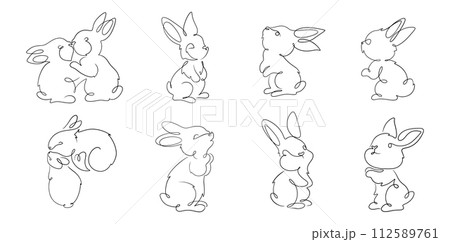 Set of drawing Easter rabbit. Cute bunny in the line art style, minimal logo tattoo in vector illustration Set of drawing Easter rabbit. Cute bunny in the line art style, minimal logo tattoo in vector illustration 112589761
