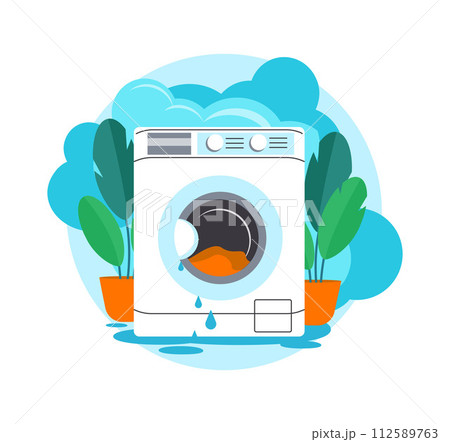 Design image save water. A broken washing machine with water coming out and plants. Vector illustration Design image save water. A broken washing machine with water coming out and plants. Vector illustration 112589763