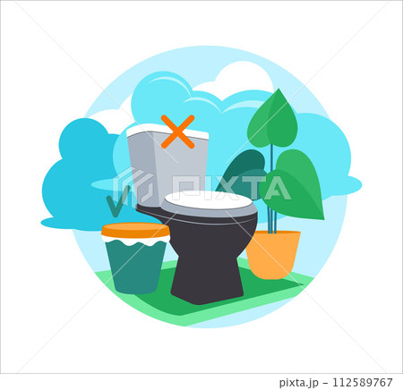 Design image save water. A toilet with surrounded by a green bucket, a potted plant, and a blue sky with clouds. Vector illustration Design image save water. A toilet with surrounded by a green bucket, a potted plant, and a blue sky with clouds. Vector illustration 112589767