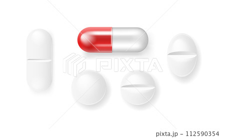 Vector 3d Realistic White Medical Pill Icon Set Closeup Isolated on Transparency Grid Background. Design template of Pills, Capsules for graphics, Mockup. Medical and Healthcare Concept. Top View Vector 3d Realistic White Medical Pill Icon Set Closeup Isolated on Transparency Grid Background. Design template of Pills, Capsules for graphics, Mockup. Medical and Healthcare Concept. Top View 112590354