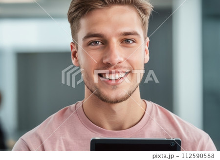 AI-generated content. Casual smiling man holding a digital tablet. Comfortable work setting and modern tech AI-generated content. Casual smiling man holding a digital tablet. Comfortable work setting and modern tech 112590588