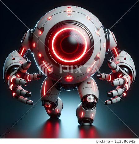 Robot is round and white with glowing red light strips around the head. 112590942