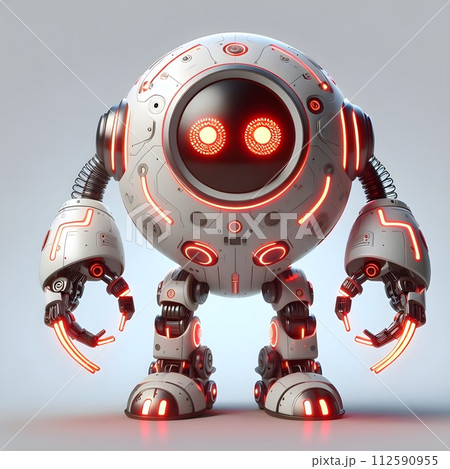 Robot is round and white with glowing red light strips around the head. 112590955