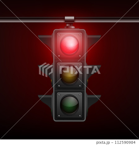 Vector Realistic Hanging Traffic Light with Glowing Red Prohibiting Signal Isolated on Black Background Vector Realistic Hanging Traffic Light with Glowing Red Prohibiting Signal Isolated on Black Background 112590984