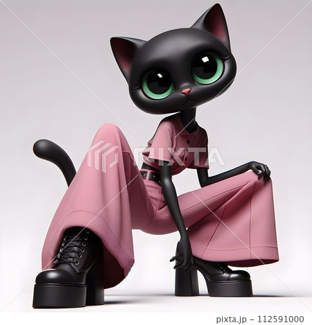 3D illustration of a black cat in a fashionable and stylish outfit. 112591000