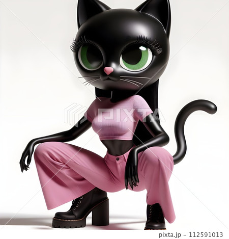 3D illustration of a black cat in a fashionable and stylish outfit. 112591013