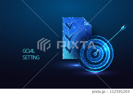 Goal setting, strategic planning futuristic concept with target symbol and task list on blue 112591203