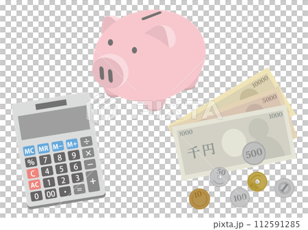 Illustration of money, piggy bank and calculator_1 112591285