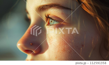 Portrait of woman with clear skin and light makeup under soft, warm light Portrait of woman with clear skin and light makeup under soft, warm light 112591358