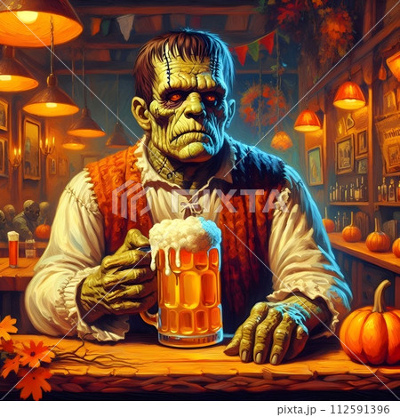 Painting of frankenstien drinking beer at a bar. 112591396