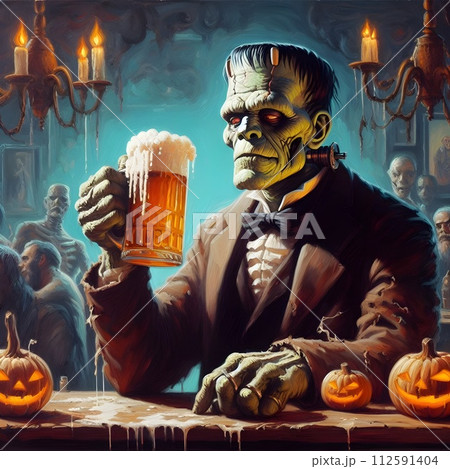 Painting of frankenstien drinking beer at a bar. Painting of frankenstien drinking beer at a bar. 112591404