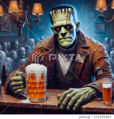 Painting of frankenstien drinking beer at a bar. 112591405