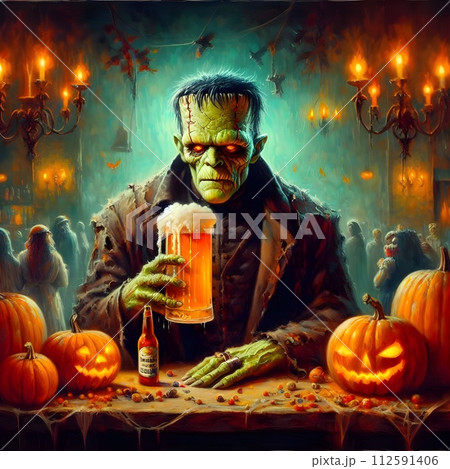 Painting of frankenstien drinking beer at a bar. 112591406