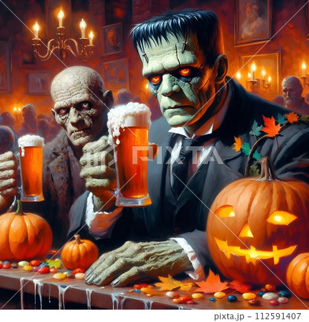 Painting of frankenstien drinking beer at a bar. 112591407