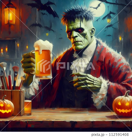 Painting of frankenstien drinking beer at a bar. 112591408
