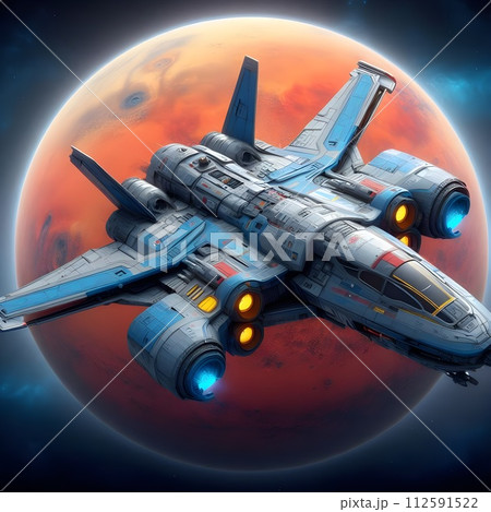 Modern spaceships in blue, grey, red, yellow, blue with Mars in the background. 112591522
