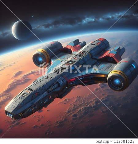 Modern spaceships in blue, grey, red, yellow, blue with Mars in the background. 112591525
