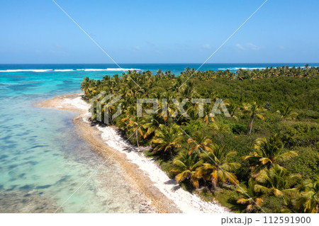 Bounty and prestine tropical beach with coconut palm trees and azure caribbean sea. Beautiful landscape. Aerial view Bounty and prestine tropical beach with coconut palm trees and azure caribbean sea. Beautiful landscape. Aerial view 112591900