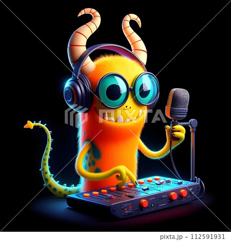 A tall skinny radio DJ alien with bright yellow and orange fur adorned with horns. 112591931
