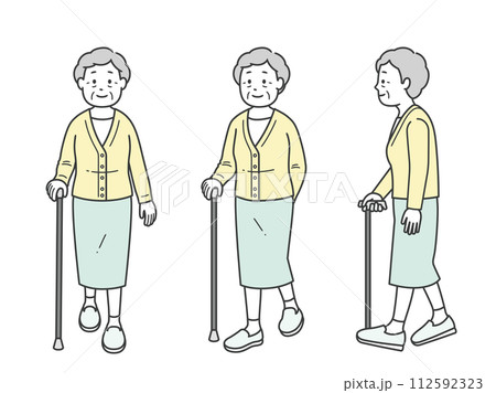 杖をついて歩く後期高齢女性の全身イラスト 杖をついて歩く後期高齢女性の全身イラスト 112592323