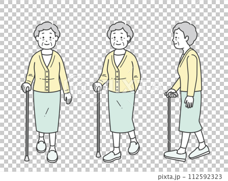 Full body illustration of a late elderly woman walking with a cane 112592323