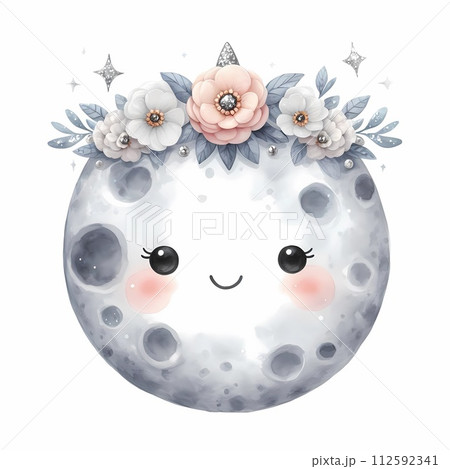 Round moon with smiley face cute flower wreath. 112592341