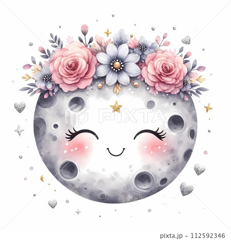 Round moon with smiley face cute flower wreath. Round moon with smiley face cute flower wreath. 112592346