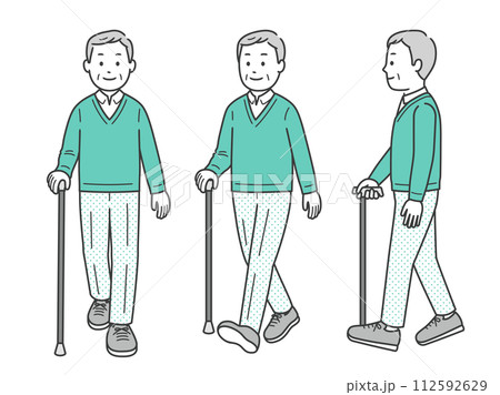 杖をついて歩く高齢男性の全身イラスト 112592629