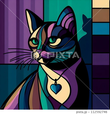 Silhouette of a green-eyed tabby cat wearing a heart-shaped amulet from his lapel. In dark tones, Picasso style. Silhouette of a green-eyed tabby cat wearing a heart-shaped amulet from his lapel. In dark tones, Picasso style. 112592746