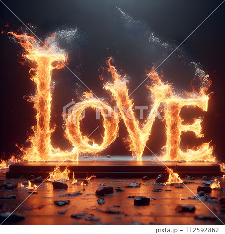 Three-dimensional words love with fire burning upwards. 112592862