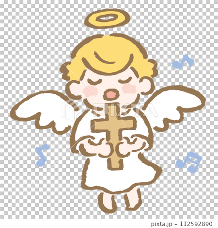 一個小男孩天使手裡拿著十字架唱讚美詩的插圖 112592890