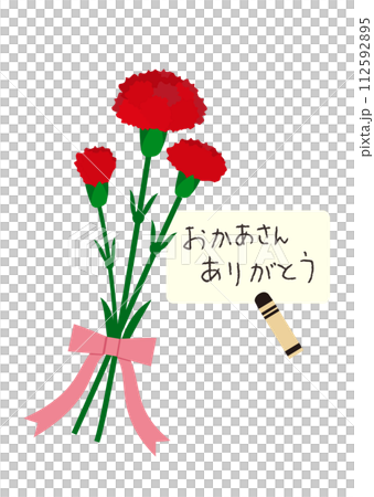 母の日　カーネーションの花束とクレヨンで書いたメッセージカード 112592895