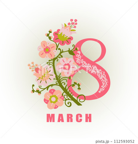 Greeting card for International Womens Day, March 8. Pink number 8 with flowers ornament with inscription. Vector illustration 112593052
