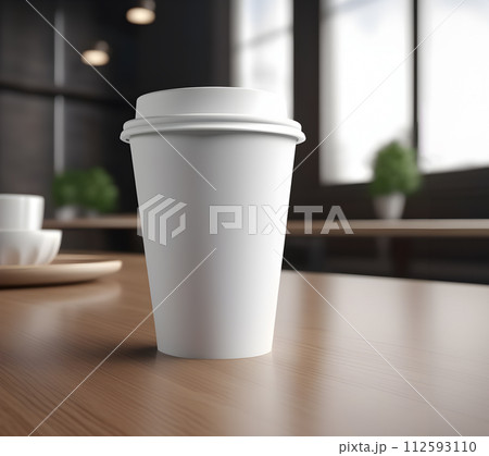 AI-generated content. Takeaway coffee paper cup on wooden table. Design mockup. This photo was created using Playground AI  112593110