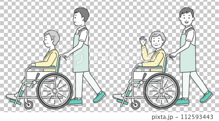 Illustration of a male caregiver assisting an elderly woman in a wheelchair Illustration of a male caregiver assisting an elderly woman in a wheelchair 112593443