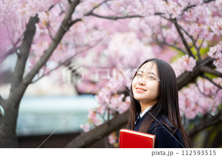 満開の桜の下で赤い本を持っている女子高生 満開の桜の下で赤い本を持っている女子高生 112593515