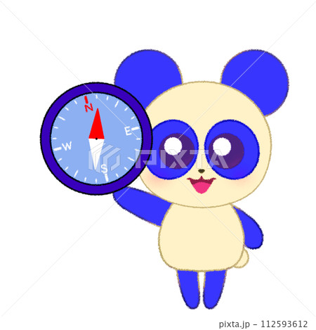 手をあげて方位磁石を持つパンダのクレヨンイラスト 112593612