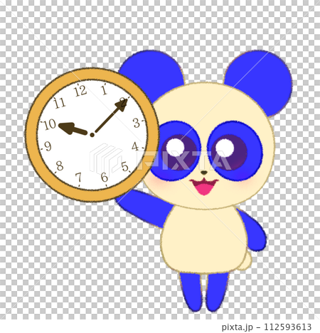 一隻舉起雙手拿著時鐘的熊貓的蠟筆插圖 一隻舉起雙手拿著時鐘的熊貓的蠟筆插圖 112593613