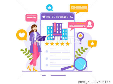Hotel Reviews Vector Illustration with Rating Service, User Satisfaction to Rated Customer, Product or Experience in Flat Cartoon Background Hotel Reviews Vector Illustration with Rating Service, User Satisfaction to Rated Customer, Product or Experience in Flat Cartoon Background 112594177